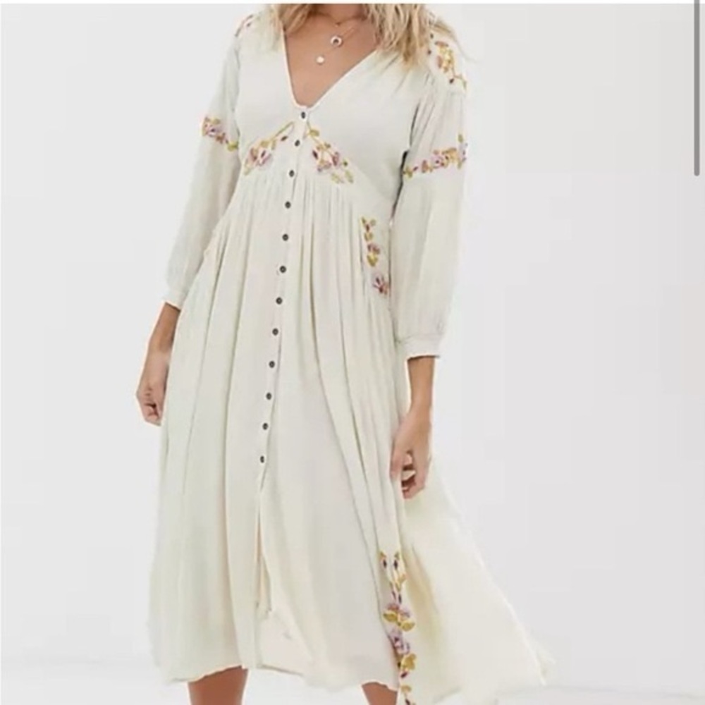Free People Cream Midi Dress with Pink & Yellow Floral Embroidery